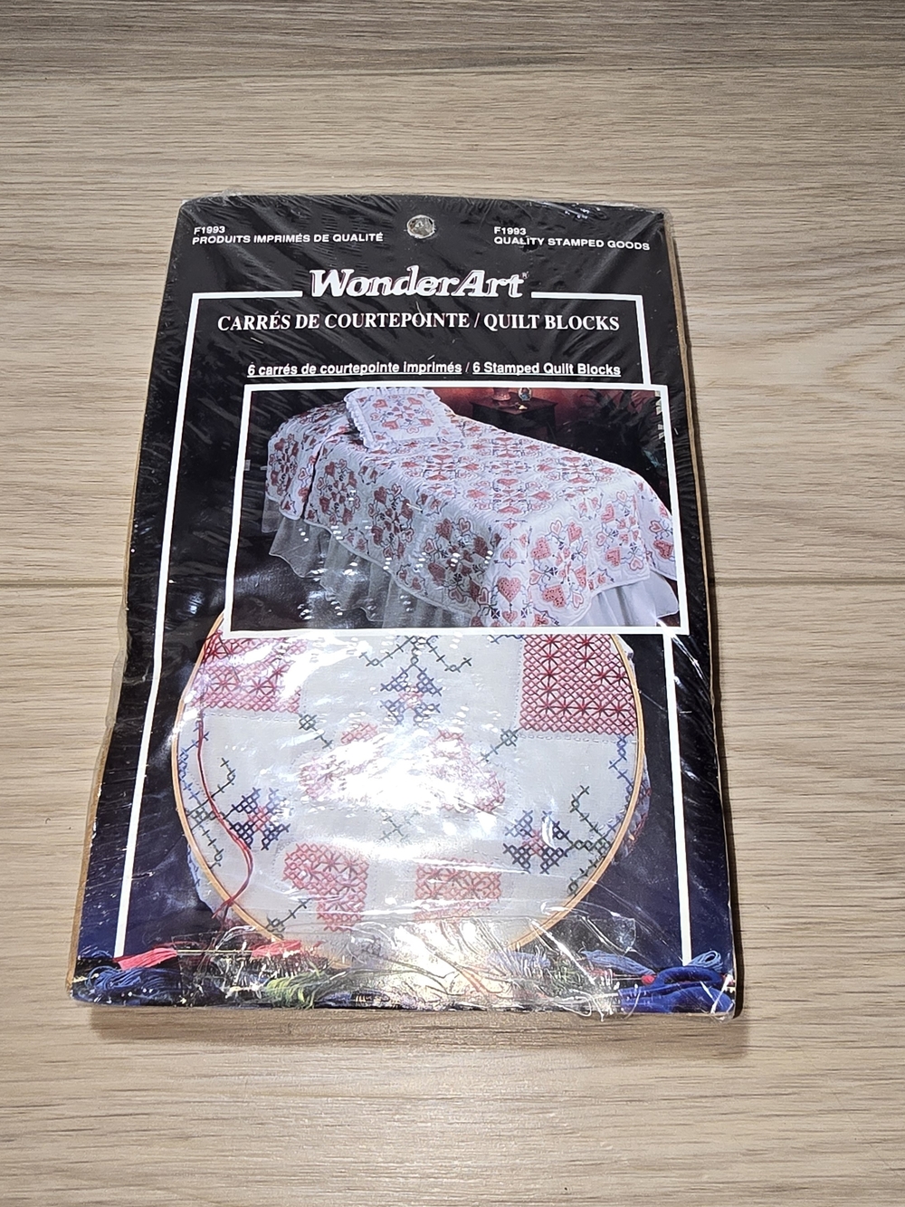 Vintage NIP WonderArt Cross My Hearts Stamped Quilt Blocks 6 Pack Embroidery Kit